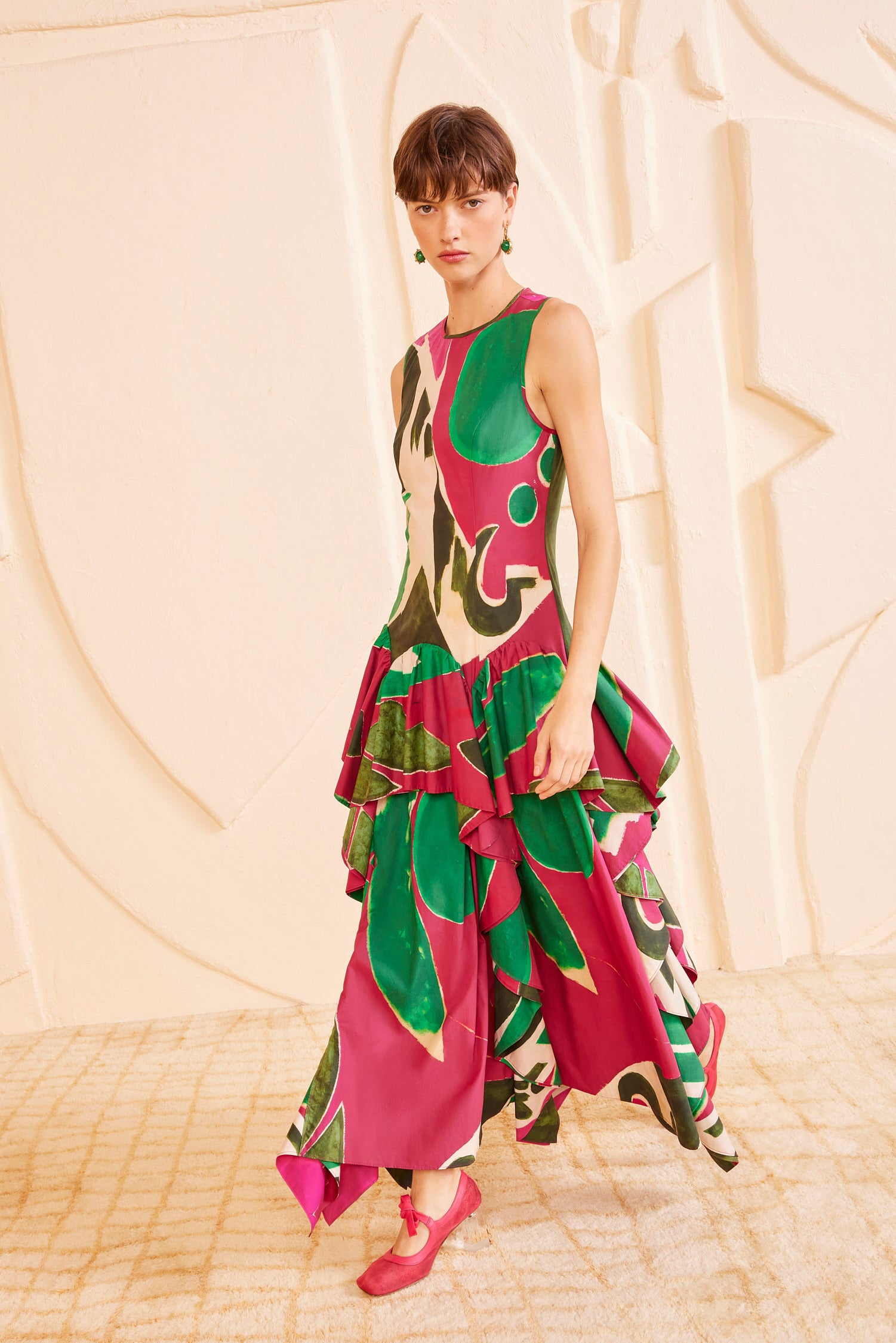 Mural Dress - Palingenesis Printed Sleeveless Ruffle Midi Dress