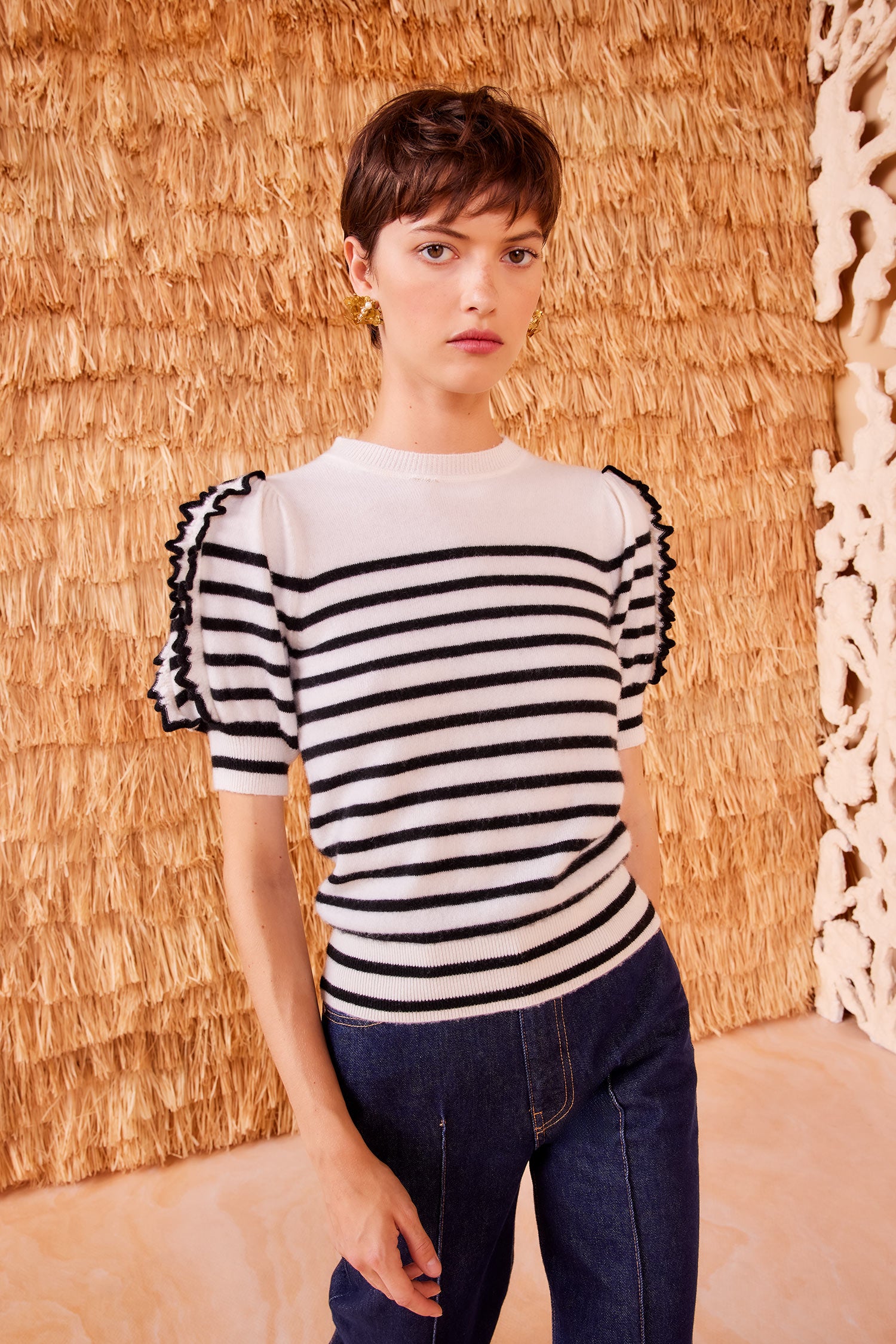 Ophelia Top - Peony Short Sleeve Knit Top with Ruffles