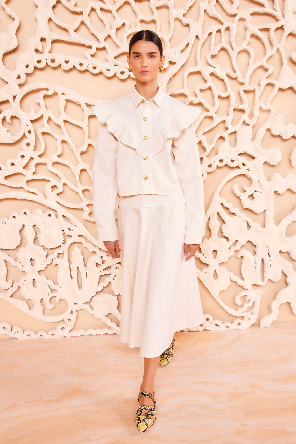 Pearled Cowrie Designer Cotton Shirt - Full Length Front, Styled with Matching Set | Ulla Johnson