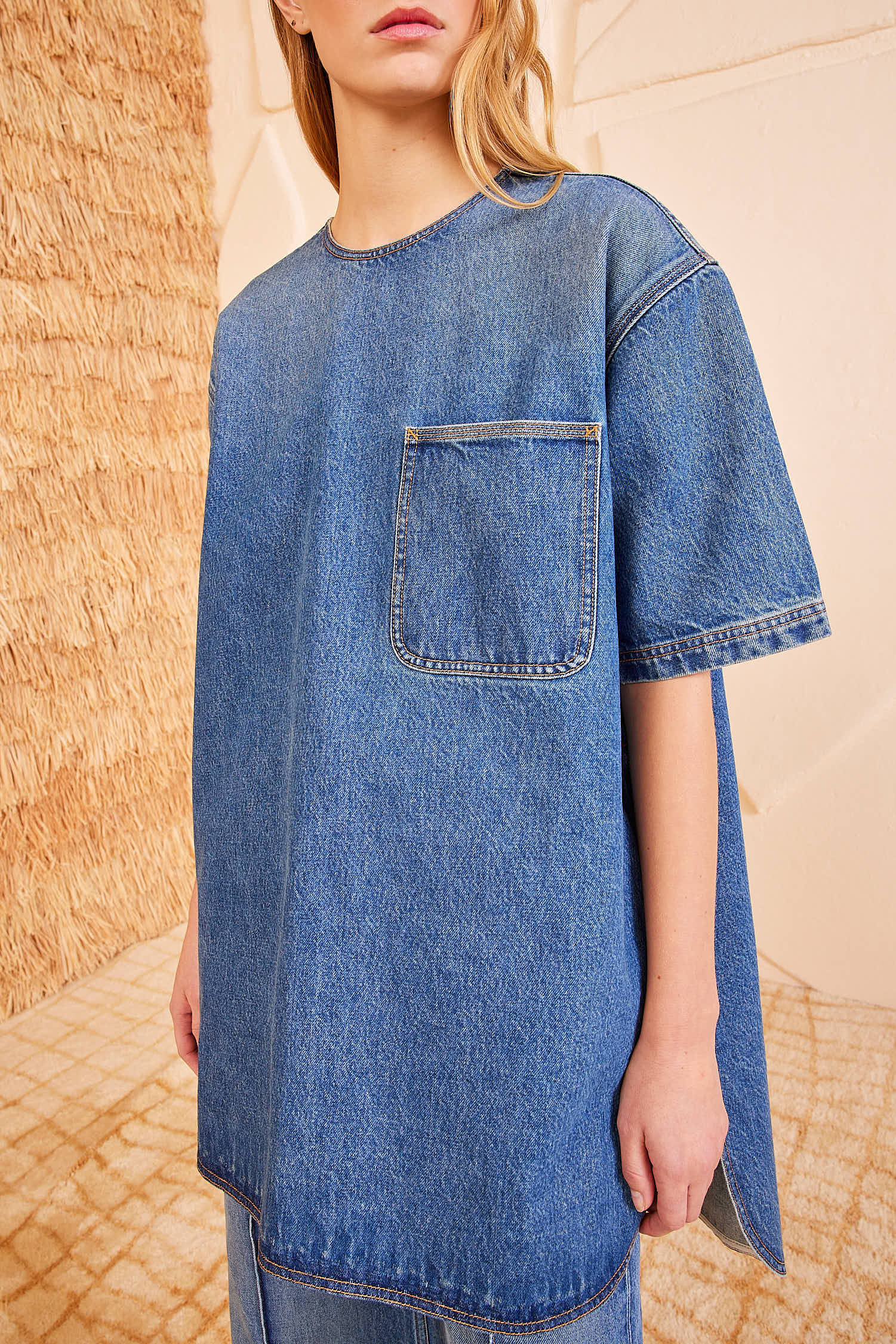 Ulla Johnson Danube Blue Denim Designer Tunic Dress, Patch Pocket Detail Close-Up - Front | Ulla Johnson