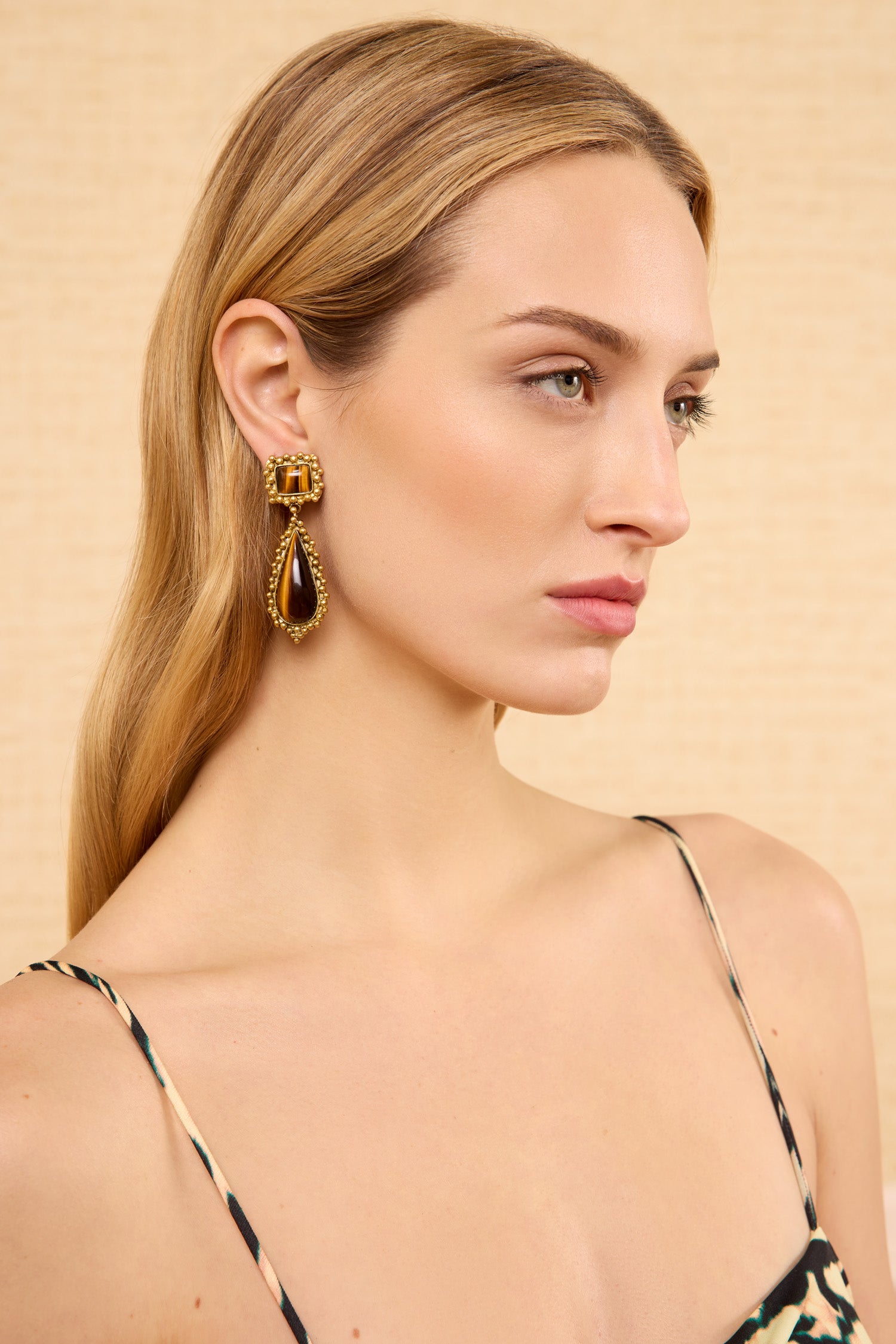 Tigers Eye Framed Drop Earring - Tiger's Eye
