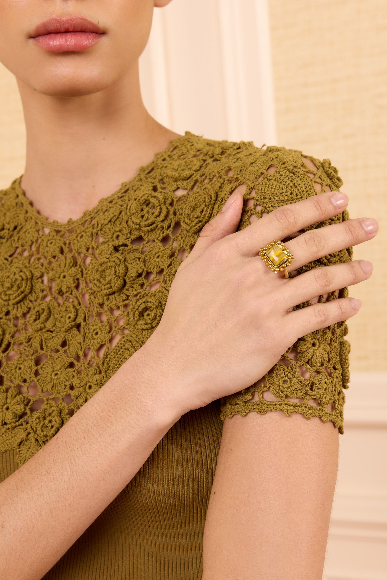 Ulla Johnson Designer Bumblebee Jasper Framed Ring On Model Hand Close-Up Detail | Ulla Johnson