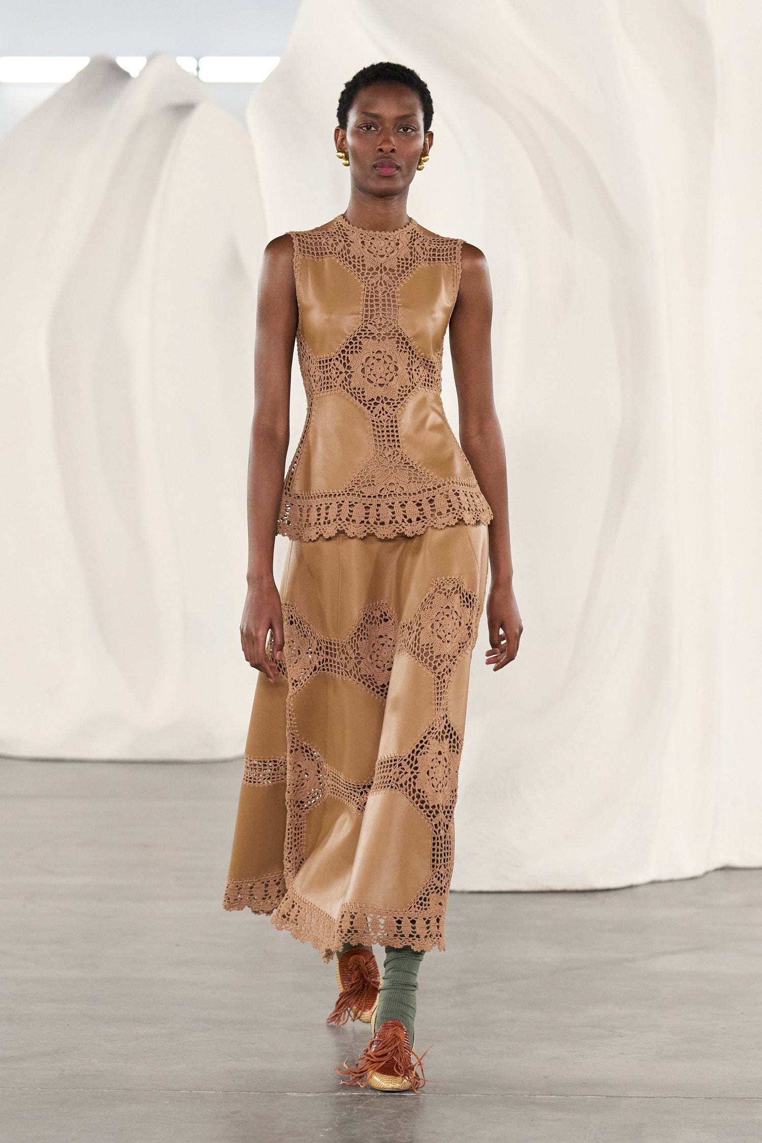 Livia Sleeveless Crochet & Leather Top - Camel