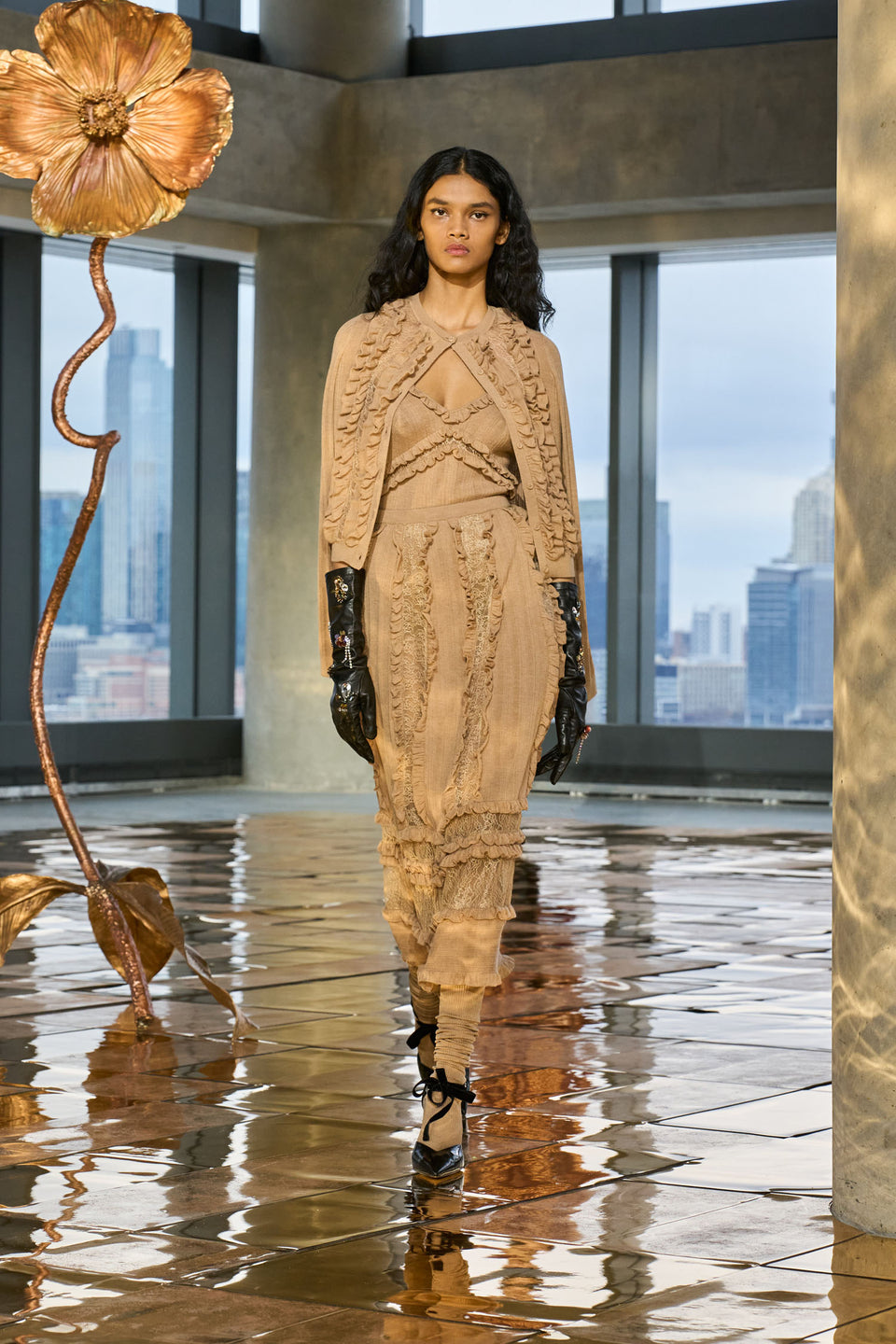 Anitha Ruffle and Lace Knit Tank - Camel Melange