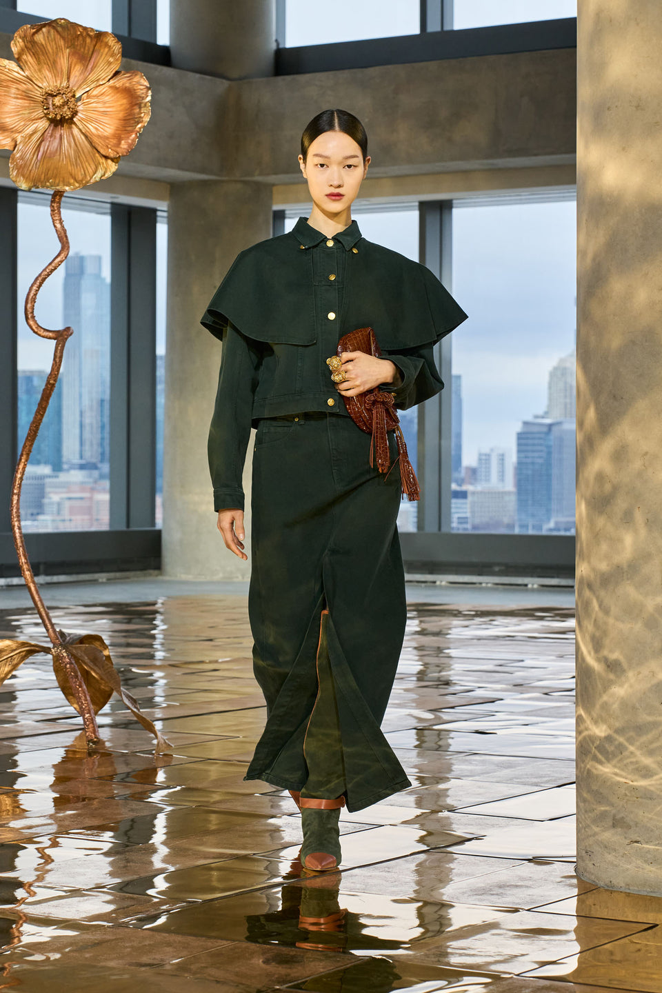 Designer Chestnut Croc Tassel Bag Styled on AW25 Runway, Front View | Ulla Johnson