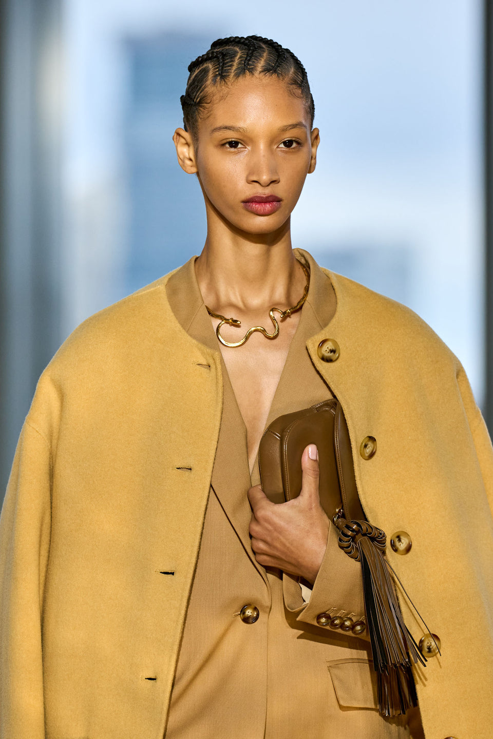 Chestnut Leather Paloma Tassel Demi Lune Bag - Runway Close-Up Detail | Ulla Johnson