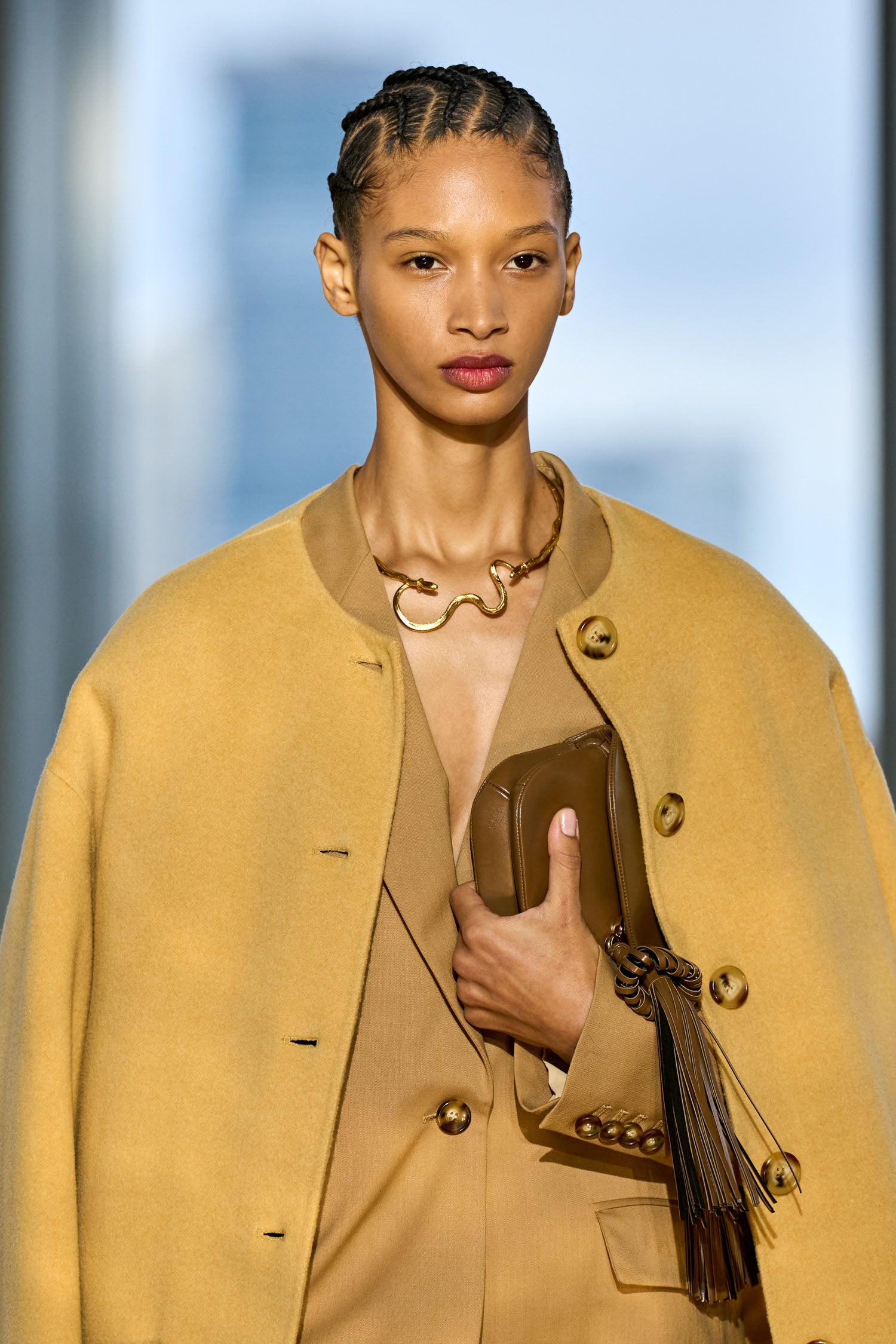 Ulla Johnson Chestnut Leather Paloma Tassel Demi Lune Bag - Runway Close-Up Detail | Ulla Johnson