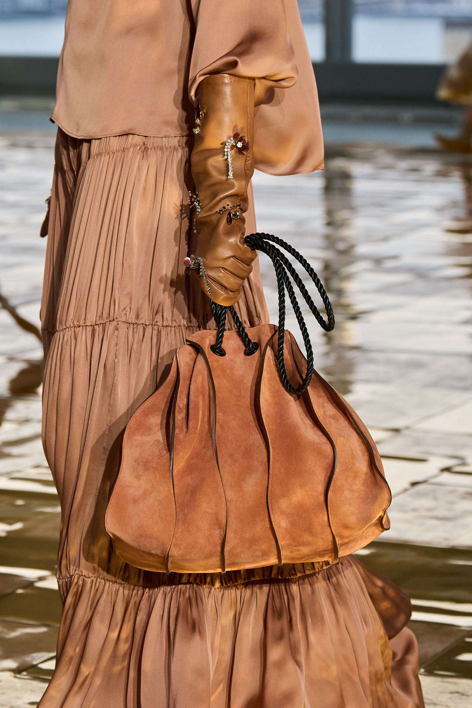 Adria Large Drawstring Tote - Sierra Brown Suede Italian Leather