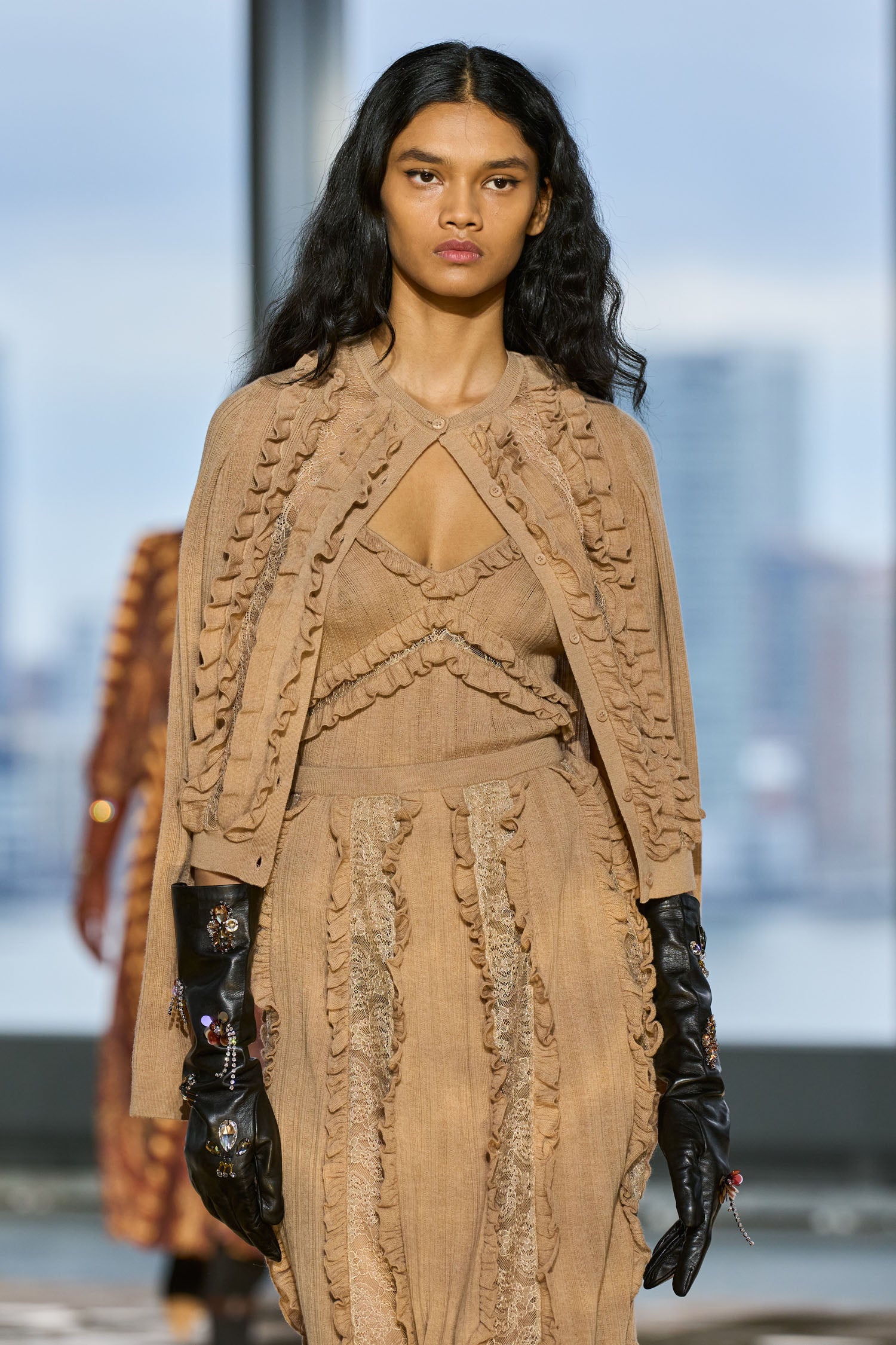 Anitha Ruffle and Lace Knit Tank - Camel Melange