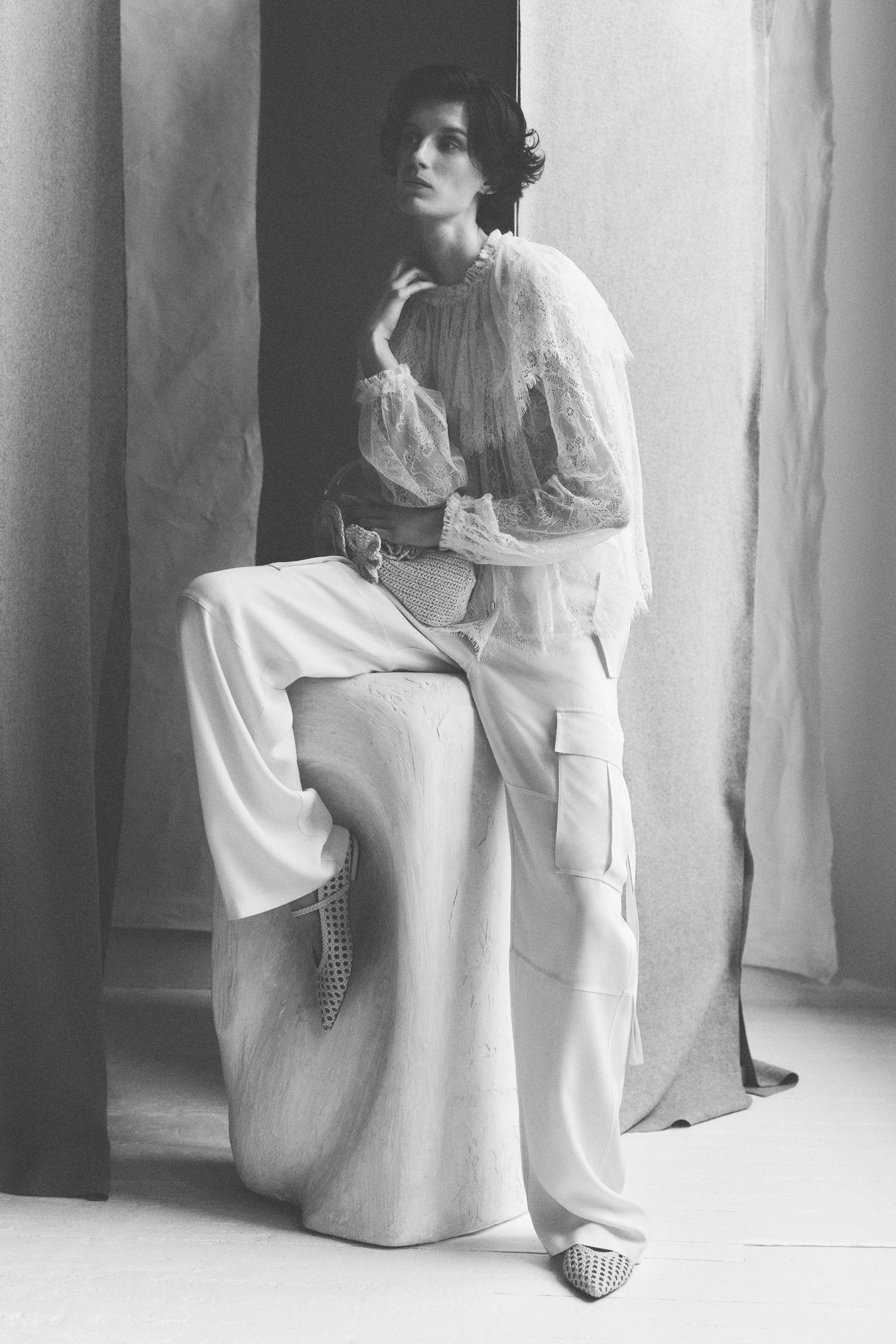Viviane Cape Layer Long Sleeve Blouse - Pearl