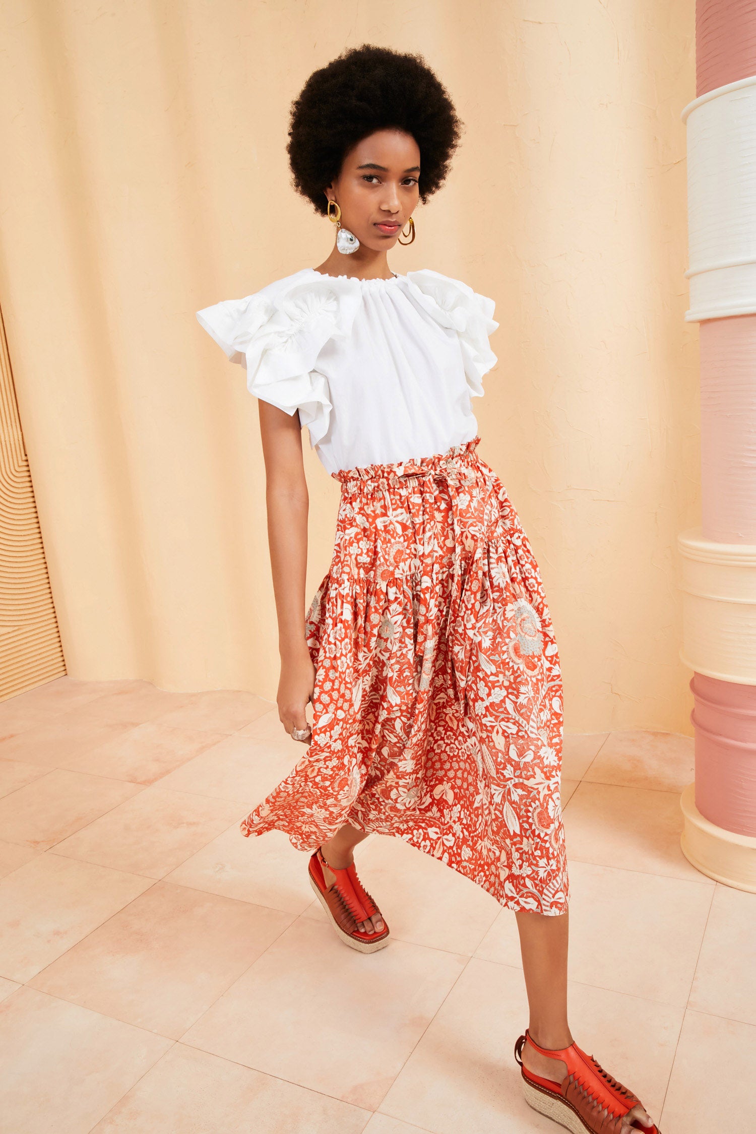 Floral Pleated Midi Skirt - Orange/Multi - Just $7